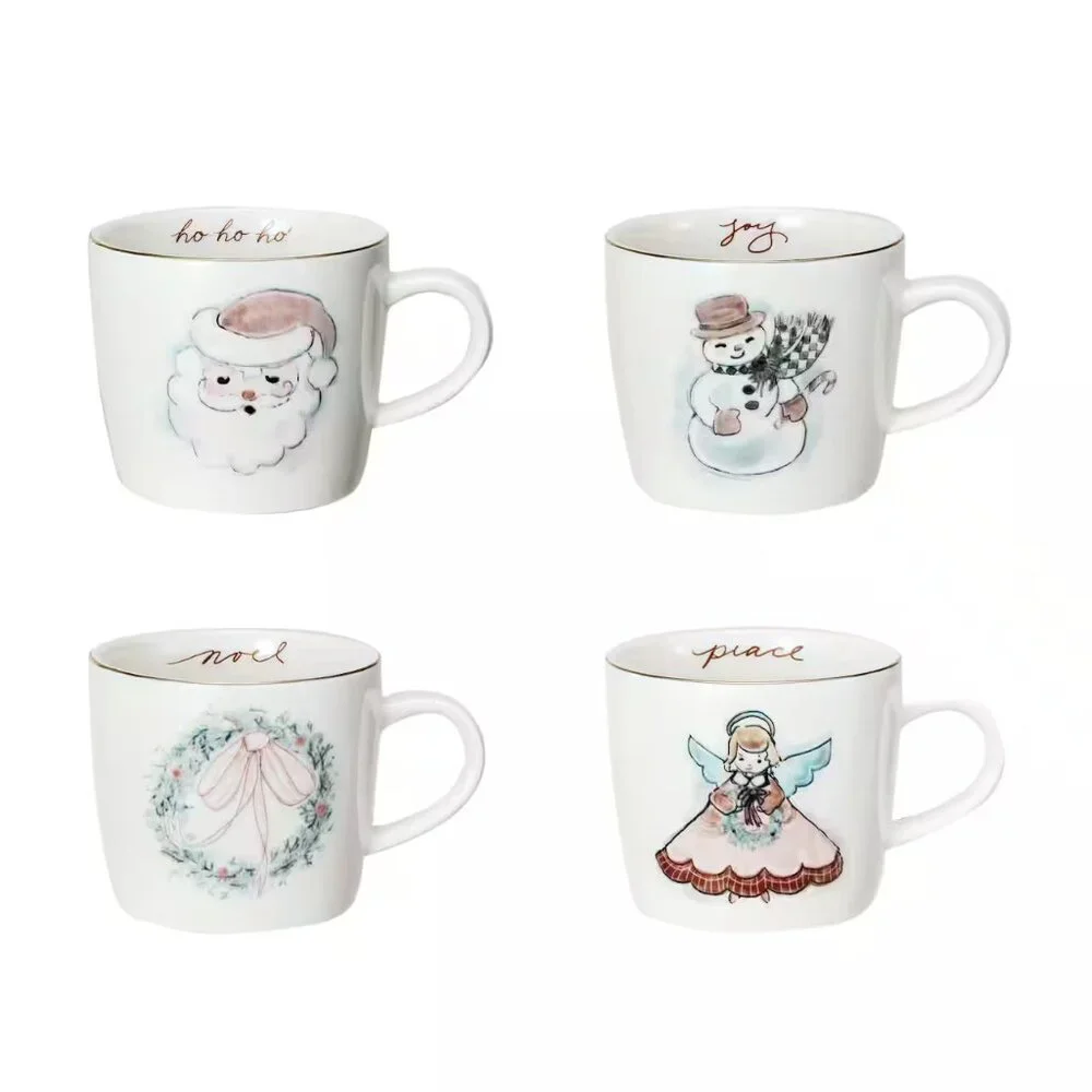 Set of Four Creative Co-op 12oz. Snowman, Angel, Wreath & Santa Mugs/NWT